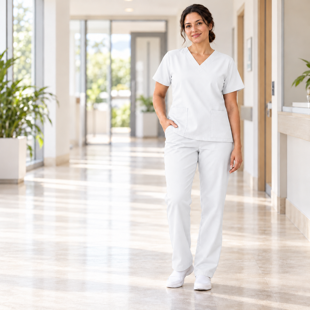 Inspirational use of White Mini Matt for nurses' uniforms; colour and drape may vary.