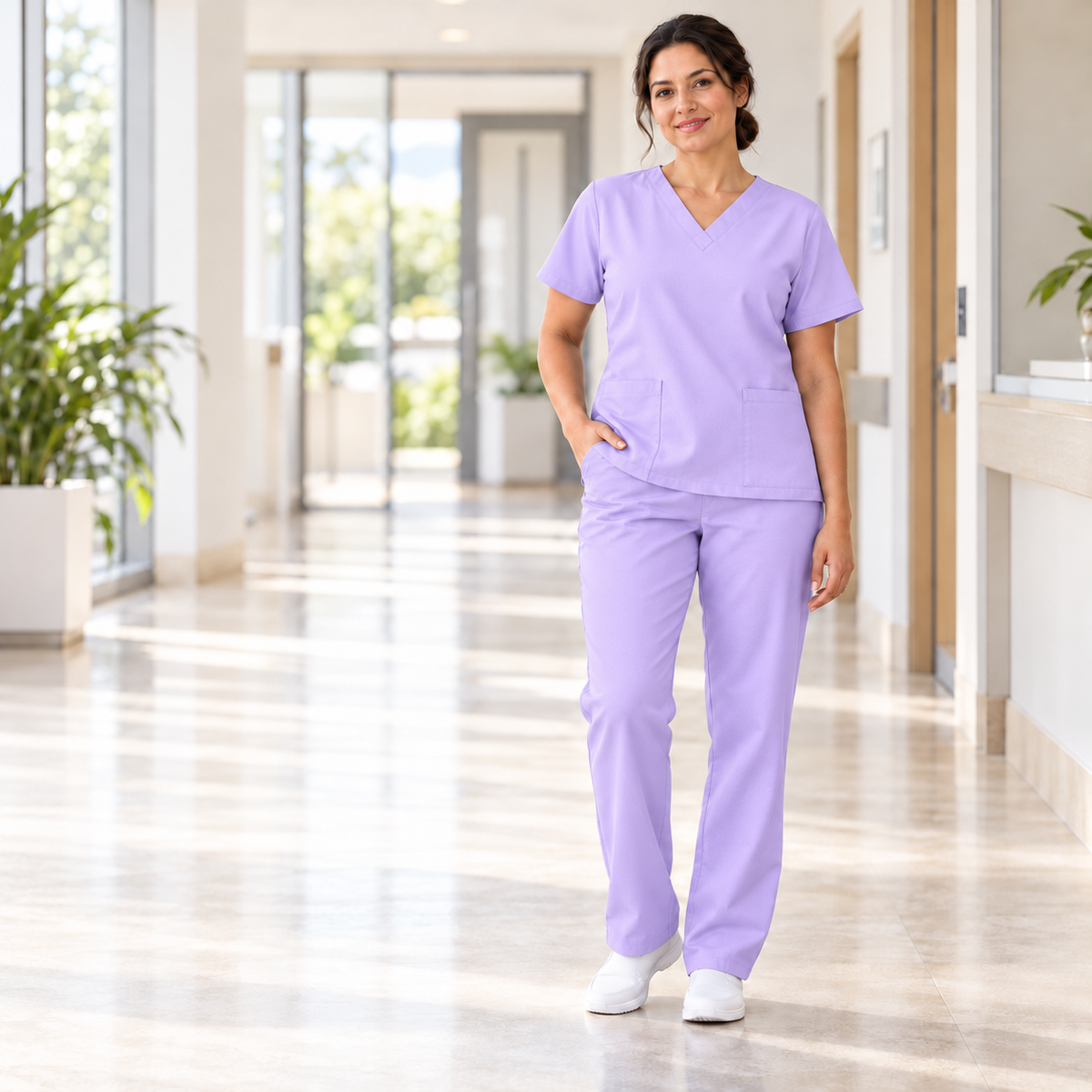 Inspirational use of Light Violet Mini Matt for nurses' uniforms; colour and drape may vary.