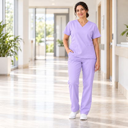 Inspirational use of Light Violet Mini Matt for nurses' uniforms; colour and drape may vary.