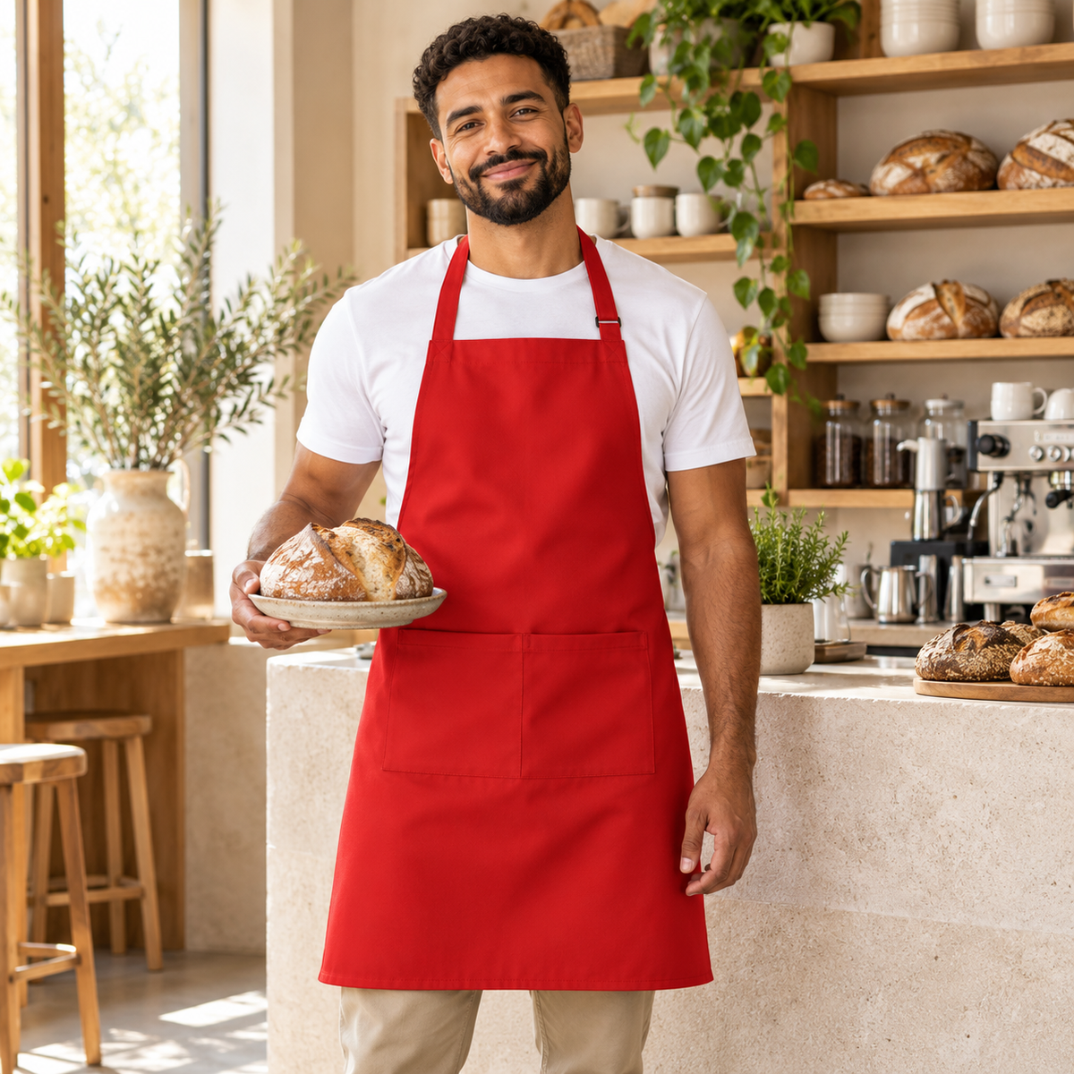 Inspirational use of Red Mini Matt for aprons; colour and drape may vary.