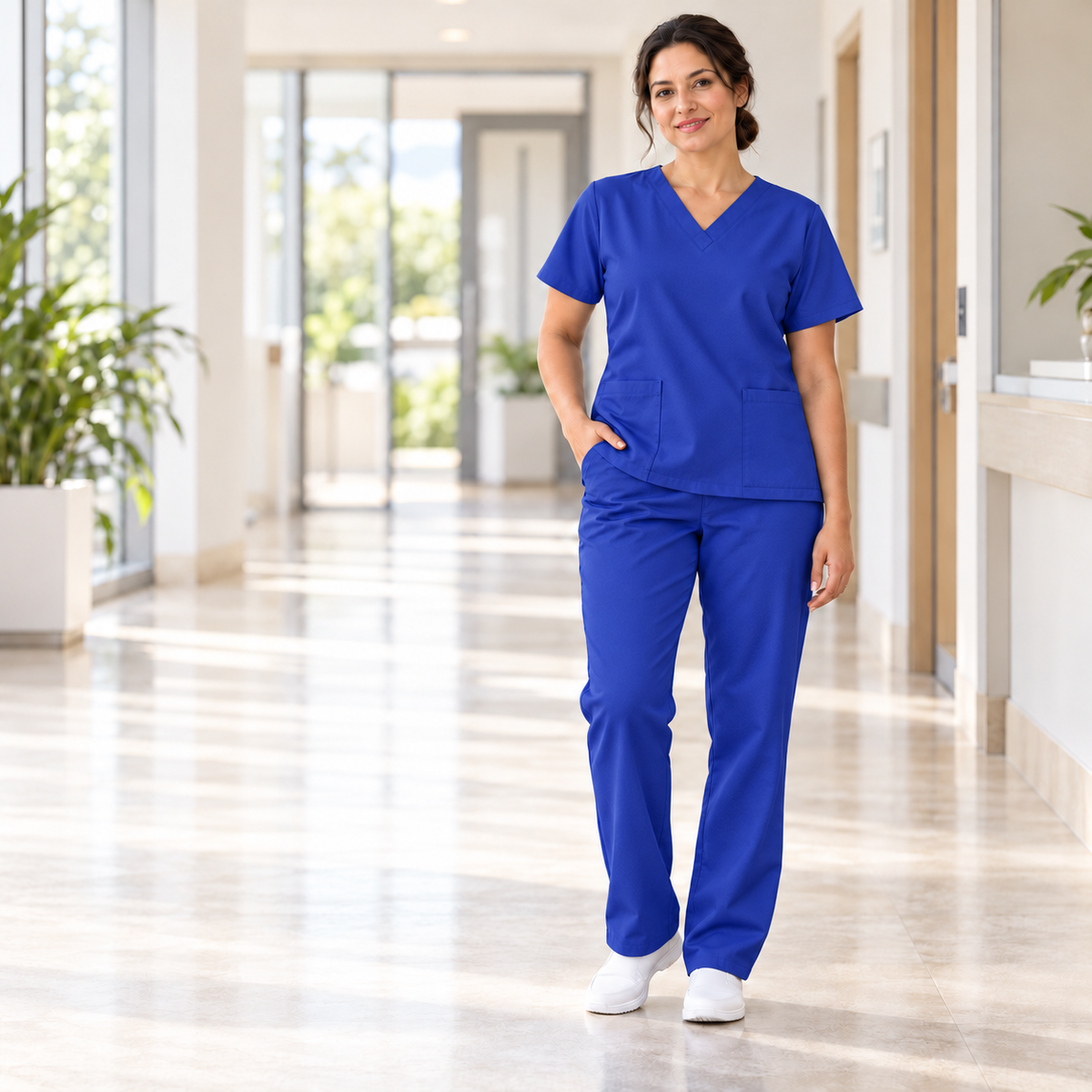 Inspirational use of Royal Blue Mini Matt for nurses' uniforms; colour and drape may vary.