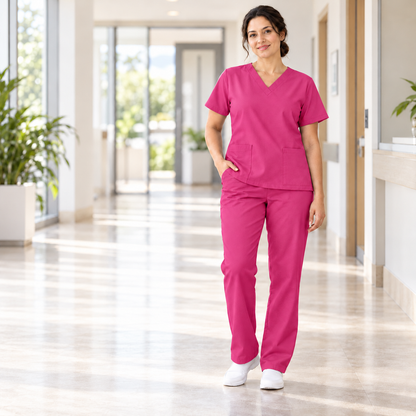 Inspirational use of Magenta Mini Matt for nurses' uniforms; colour and drape may vary.