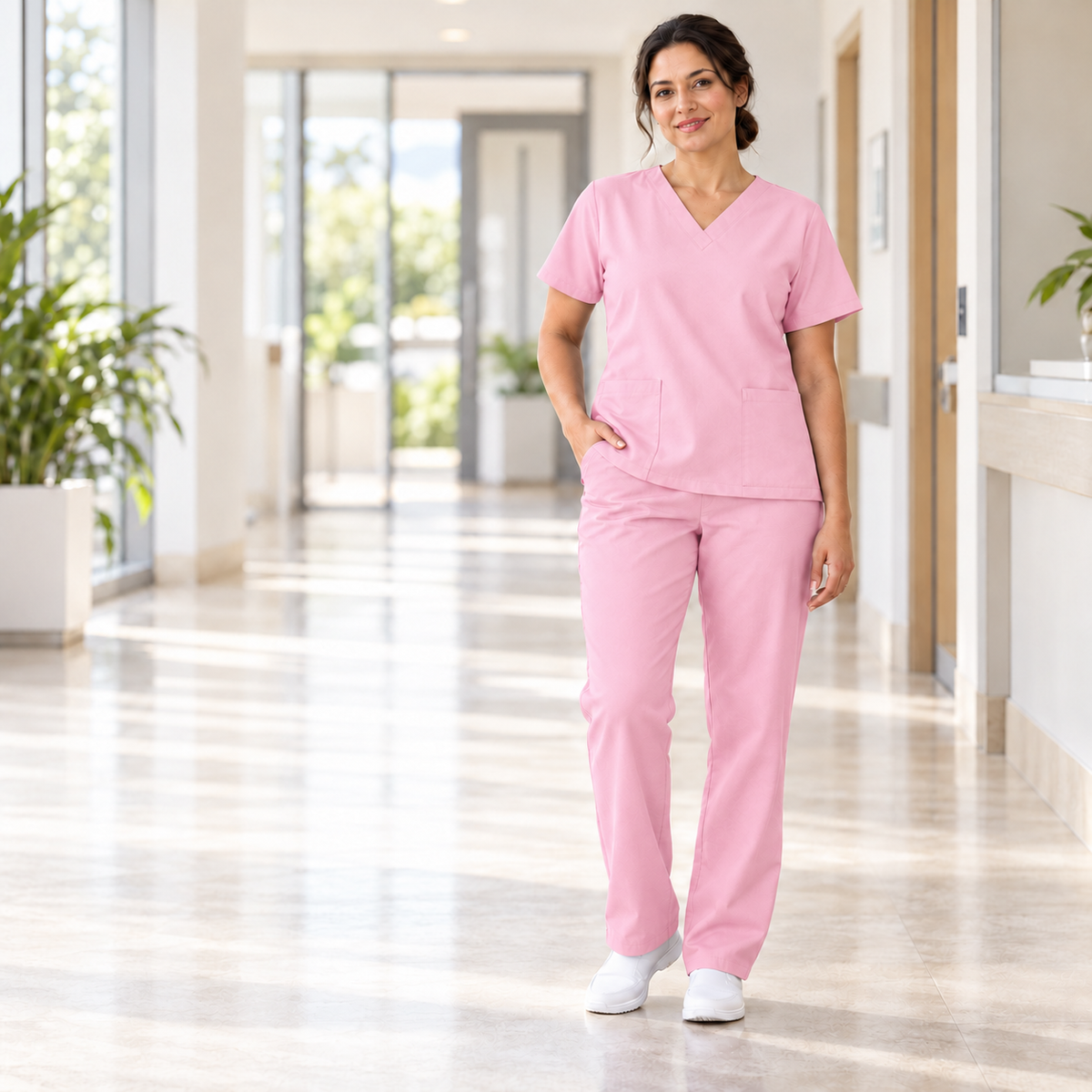 Inspirational use of Baby Pink Mini Matt for nurses' uniforms; colour and drape may vary.