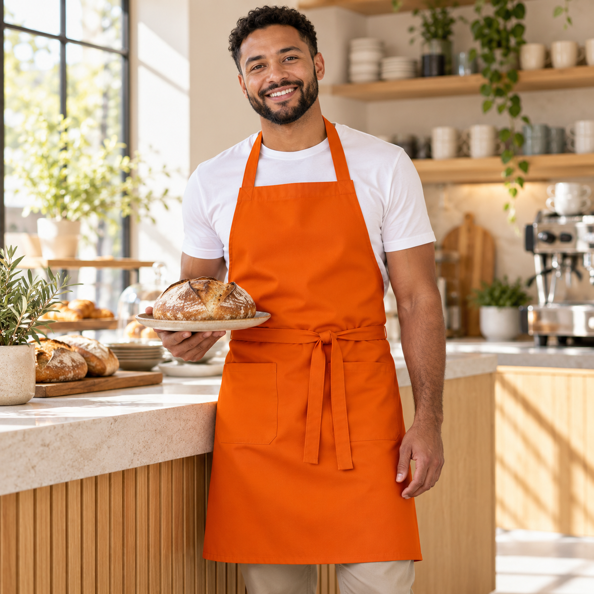 Inspirational use of Orange Mini Matt for aprons; colour and drape may vary.