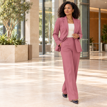 Inspirational use of Soft Berry Mini Matt for office two-piece suits; colour and drape may vary.