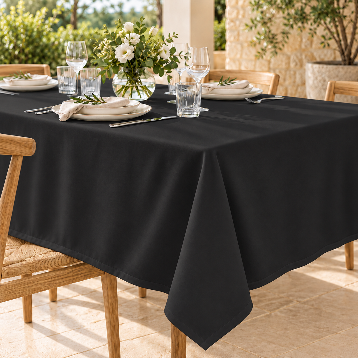 Inspirational use of Black Mini Matt for tablecloths; colour and drape may vary.