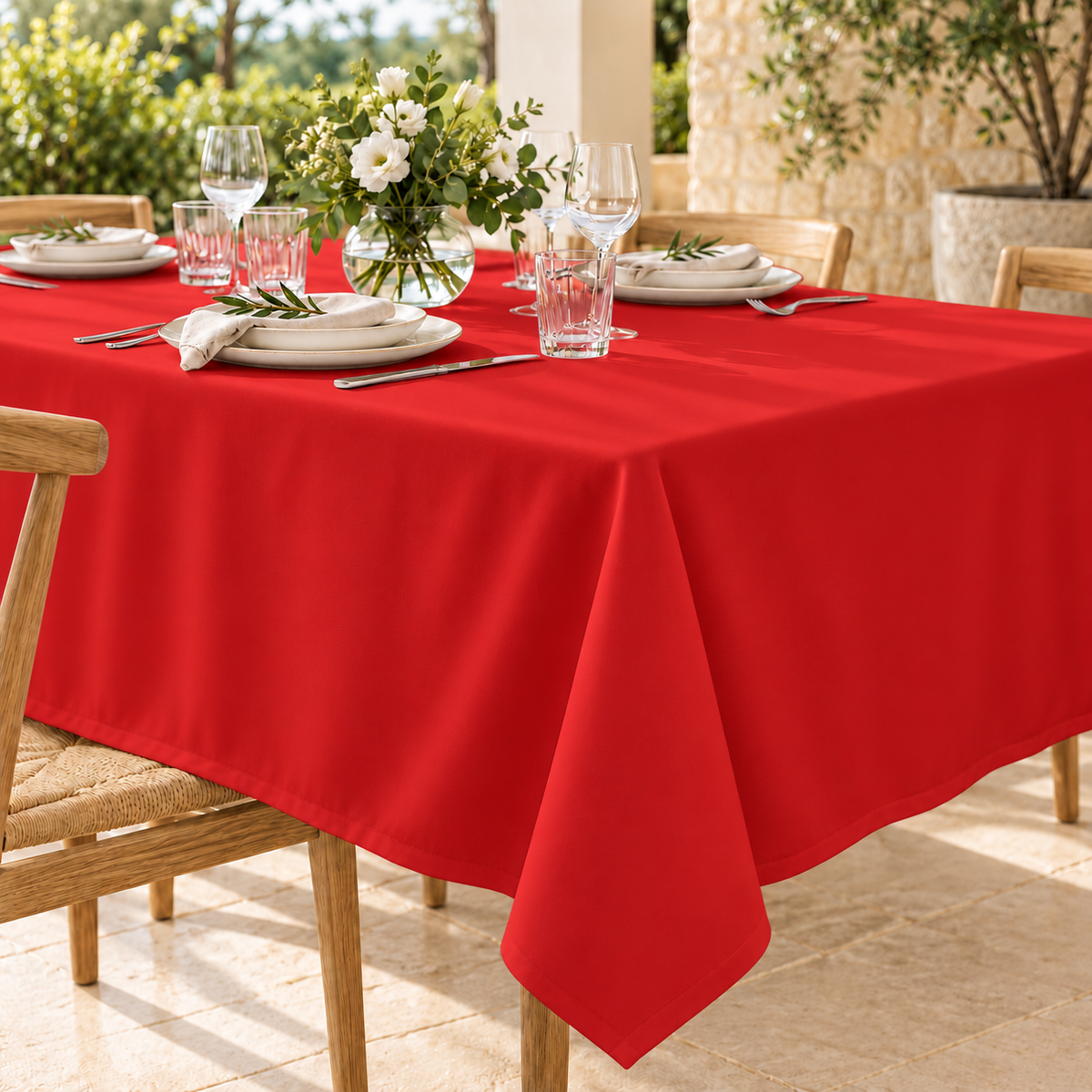 Inspirational use of Red Mini Matt for tablecloths; colour and drape may vary.