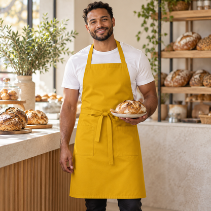 Inspirational use of Ochre Mini Matt for aprons; colour and drape may vary.