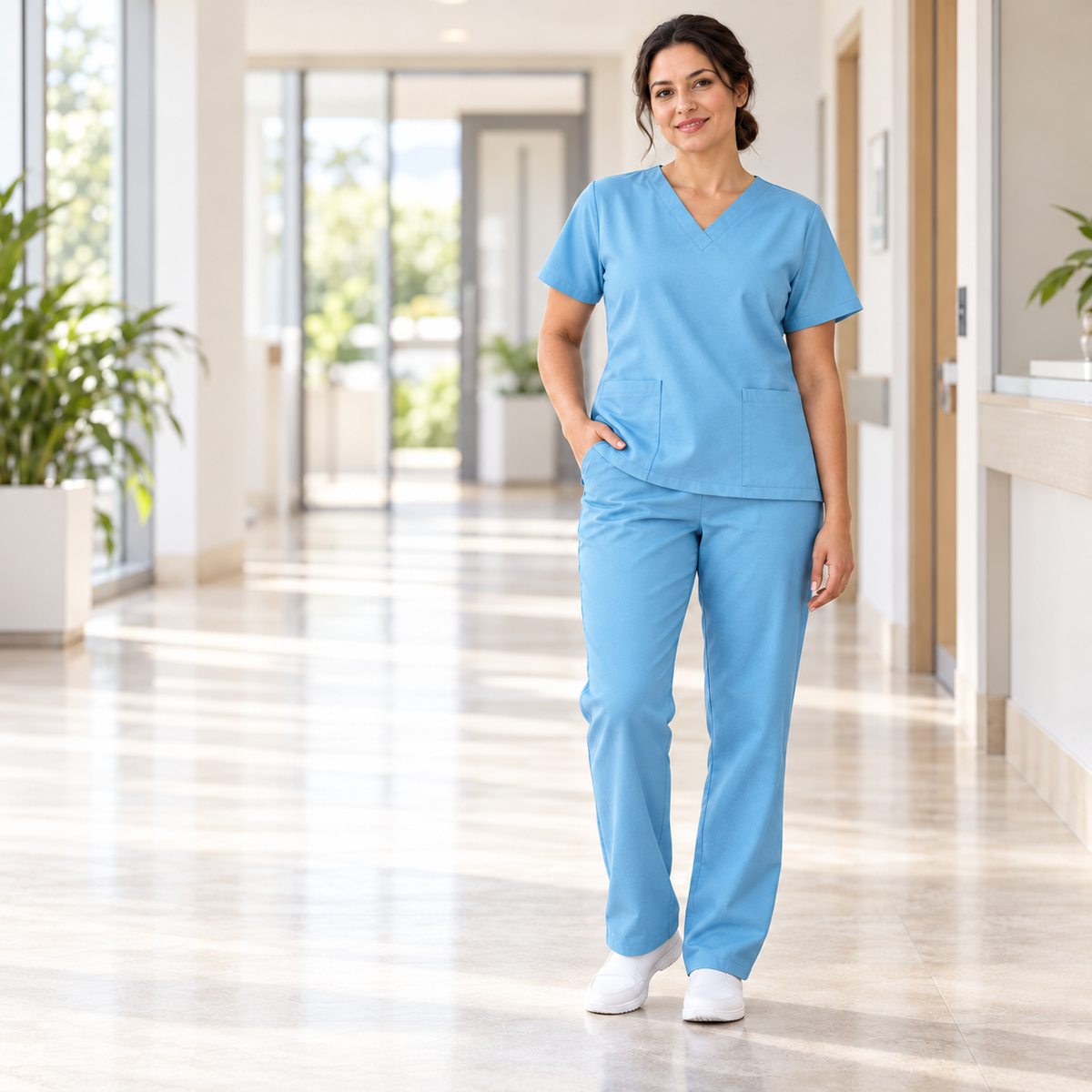 Inspirational use of Sky Blue Mini Matt for nurses' uniforms; colour and drape may vary.