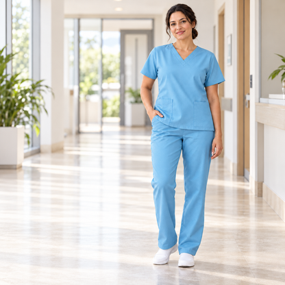Inspirational use of Sky Blue Mini Matt for nurses' uniforms; colour and drape may vary.