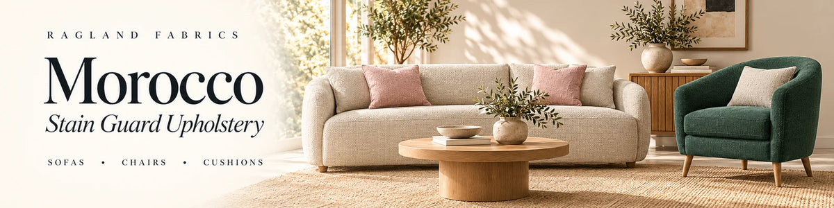 Morocco upholstery inspiration with an ivory sofa, green chair and blush cushions