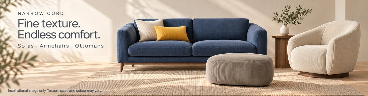 Narrow Cord corduroy: Blue Nights sofa, Almond Oil armchair and Plaza Taupe ottoman. Fine texture. Endless comfort.