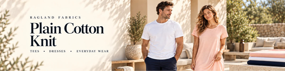 Plain Cotton Knit fabric inspiration: white everyday T-shirt and peach casual dress with folded jersey fabric.