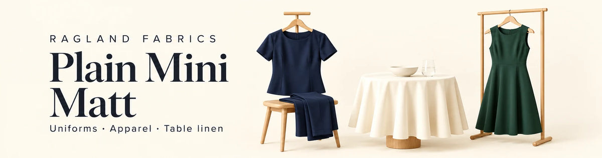 Plain Mini Matt fabric inspiration: a navy uniform blouse and trousers, cream tablecloth and bottle-green dress.