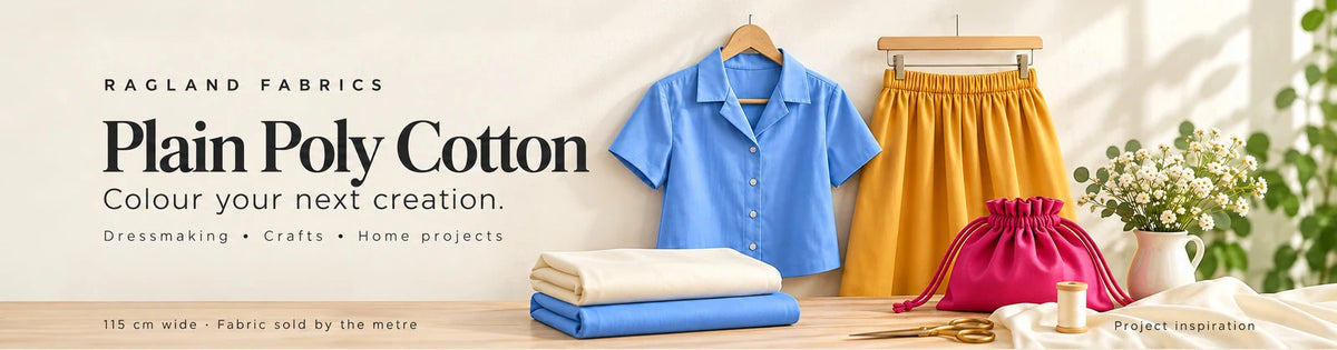 Plain Poly Cotton fabric for dressmaking and crafts: blue blouse, mustard skirt, cerise pouch and cream fabric. Colour your next creation.