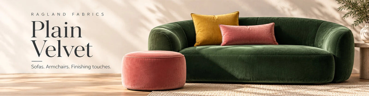 Plain velvet lifestyle inspiration with a Botany green sofa, Honey cushion and Spiced Coral cushion and ottoman