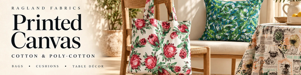 Printed cotton and poly-cotton canvas inspiration with tote bag, cushion and tablecloth