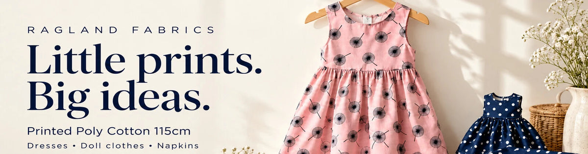 Printed Poly Cotton 115cm: pink dandelion dress and navy polka-dot doll clothes. Little prints. Big ideas.