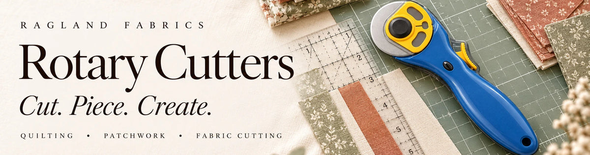 Ragland Fabrics Rotary Cutters — Cut. Piece. Create. Blue and yellow rotary cutter with a quilting ruler, cutting mat and patchwork fabrics.