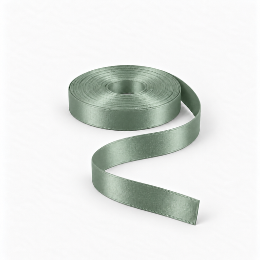 Satin Ribbon 15mm Avocado #80, flat coil with flowing S-shaped satin ribbon.