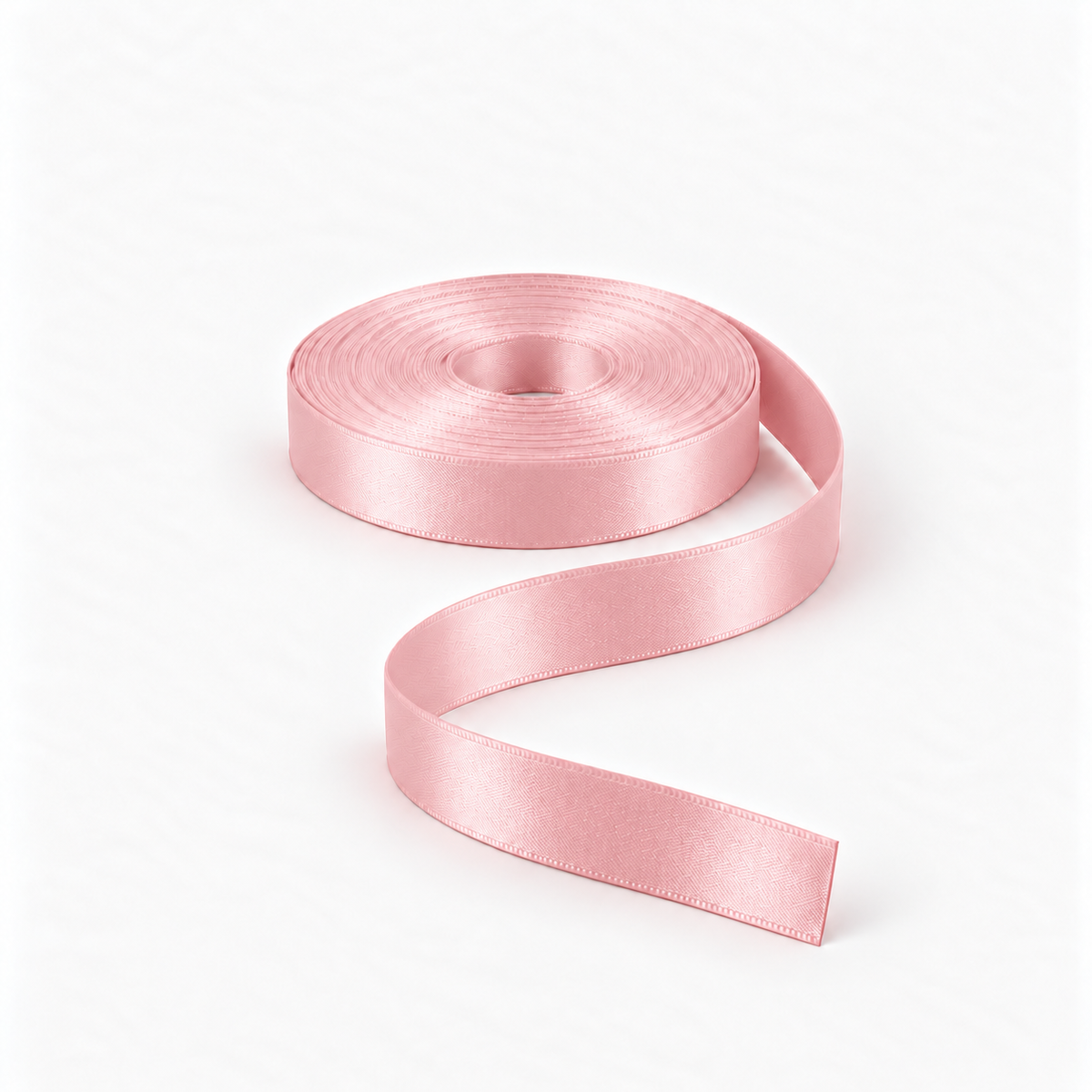 Satin Ribbon 15mm Baby Pink #340, flat coil with flowing S-shaped satin ribbon.