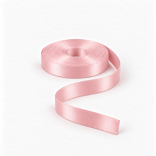 Satin Ribbon 15mm Baby Pink #340, flat coil with flowing S-shaped satin ribbon.