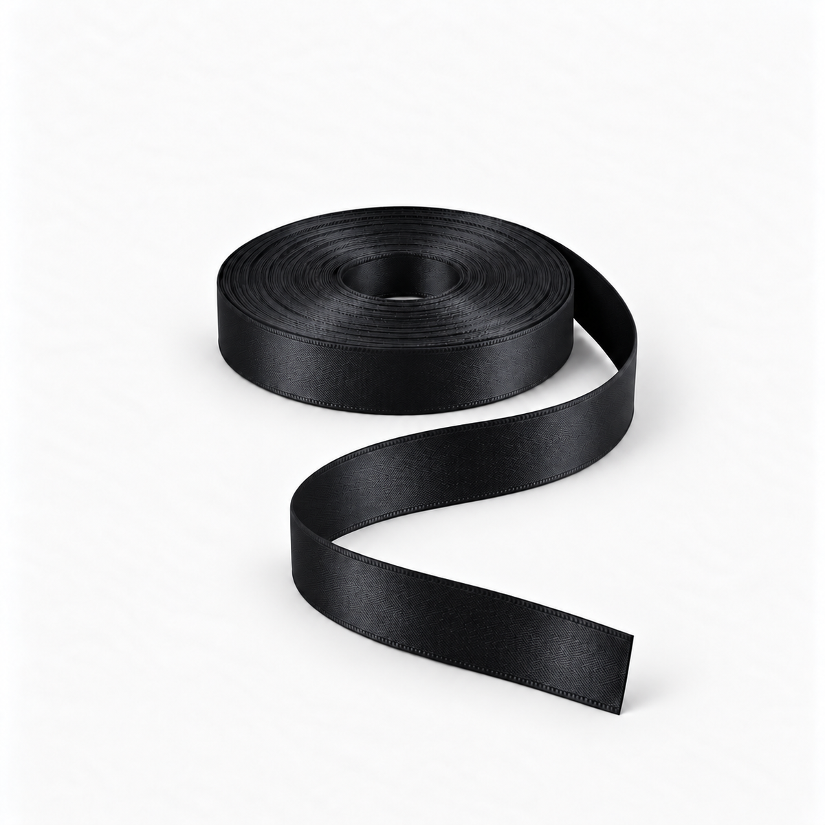 Satin Ribbon 15mm Black #10, flat coil with flowing S-shaped satin ribbon.