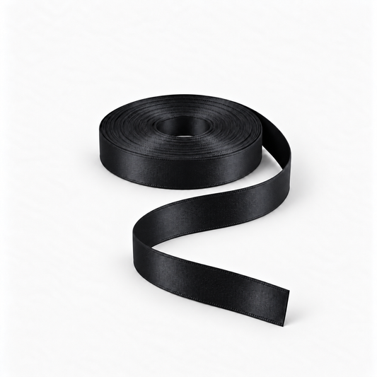Satin Ribbon 15mm Black #10, flat coil with flowing S-shaped satin ribbon.