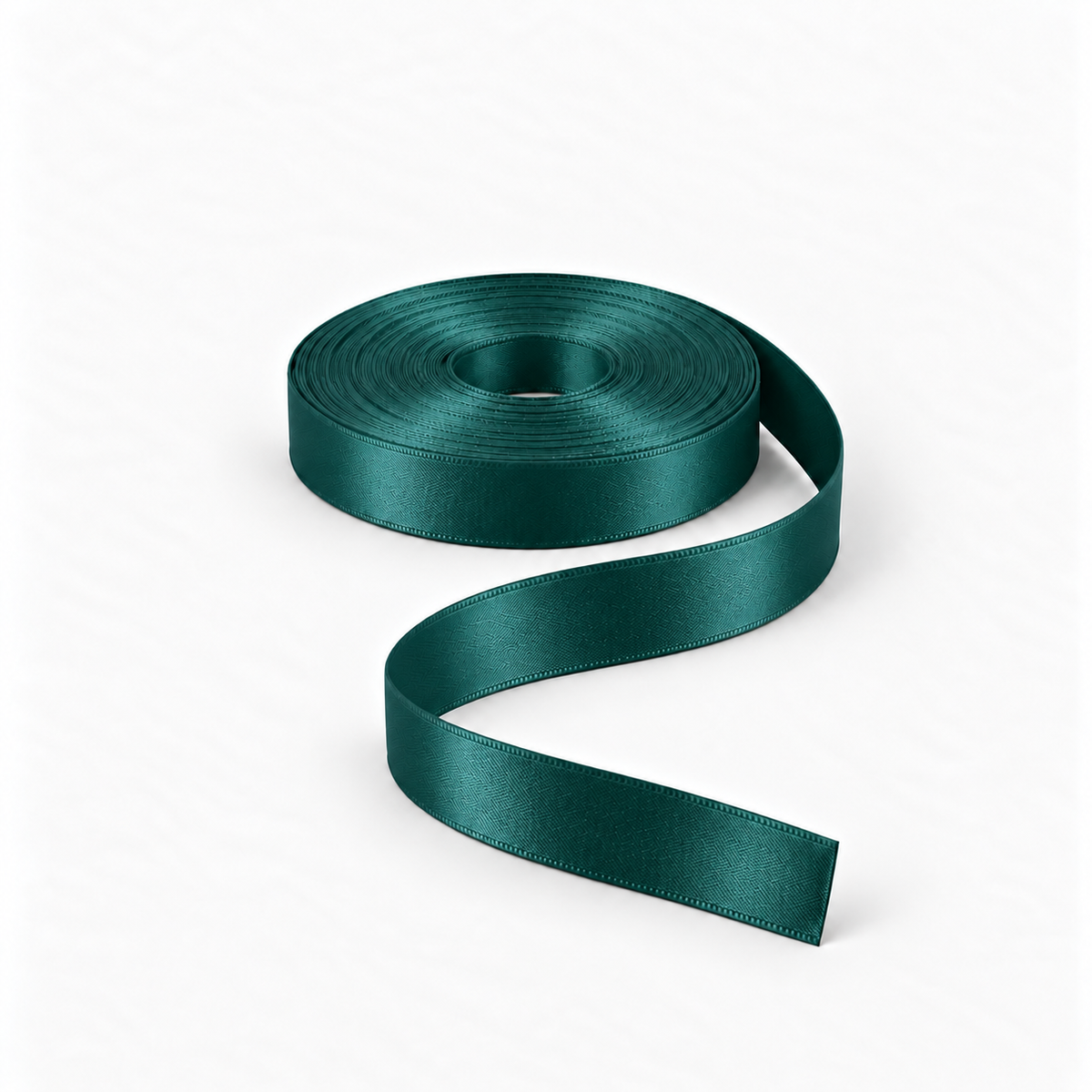 Satin Ribbon 15mm Bottle Green #B70, flat coil with flowing S-shaped satin ribbon.
