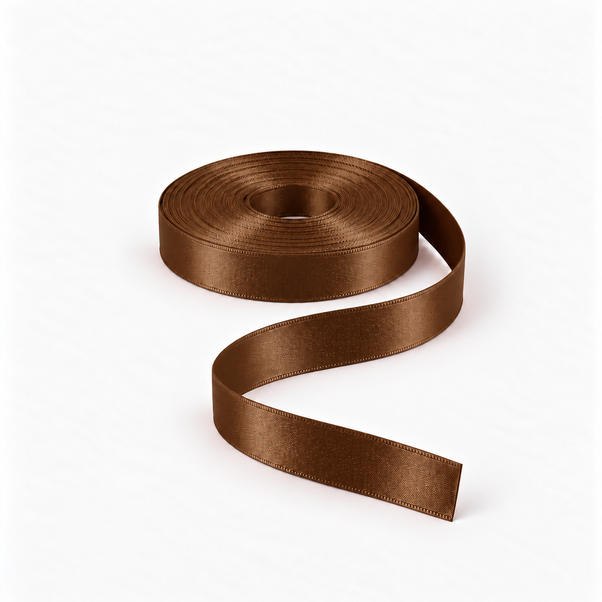 Satin Ribbon 15mm Dark Brown #B59, flat coil with flowing S-shaped satin ribbon.