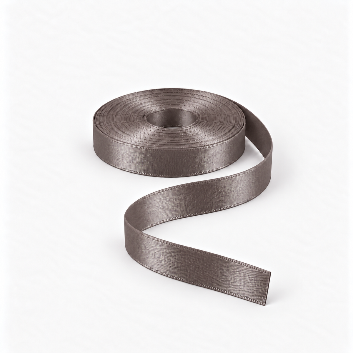 Satin Ribbon 15mm Dark Grey #3171, flat coil with flowing S-shaped satin ribbon.