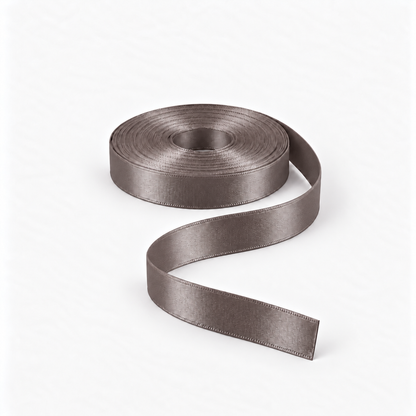 Satin Ribbon 15mm Dark Grey #3171, flat coil with flowing S-shaped satin ribbon.
