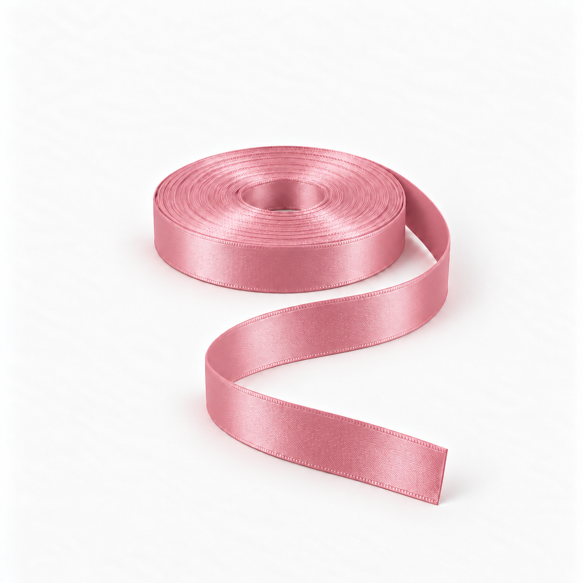 Satin Ribbon 15mm Dusty Pink #60, flat coil with flowing S-shaped satin ribbon.