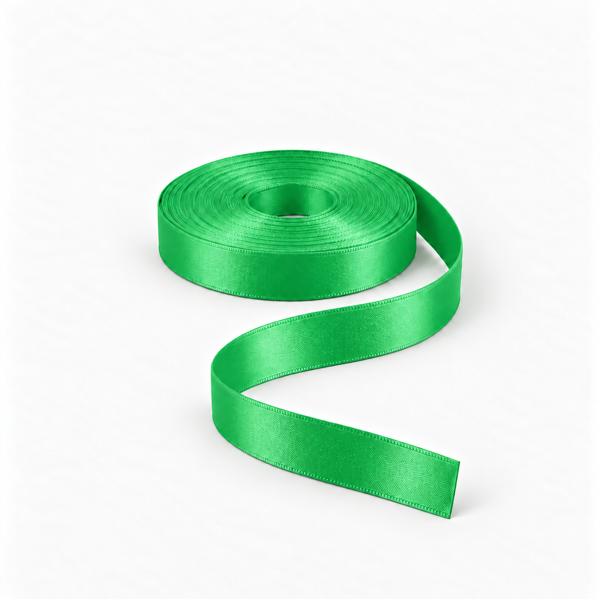Satin Ribbon 15mm Emerald #23, flat coil with flowing S-shaped satin ribbon.