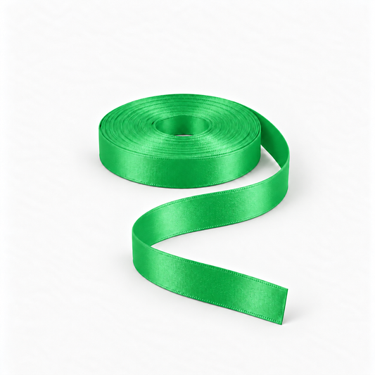 Satin Ribbon 15mm Emerald #23, flat coil with flowing S-shaped satin ribbon.