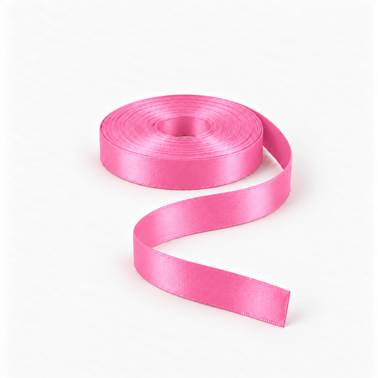 Satin Ribbon 15mm Hot Pink #52, flat coil with flowing S-shaped satin ribbon.