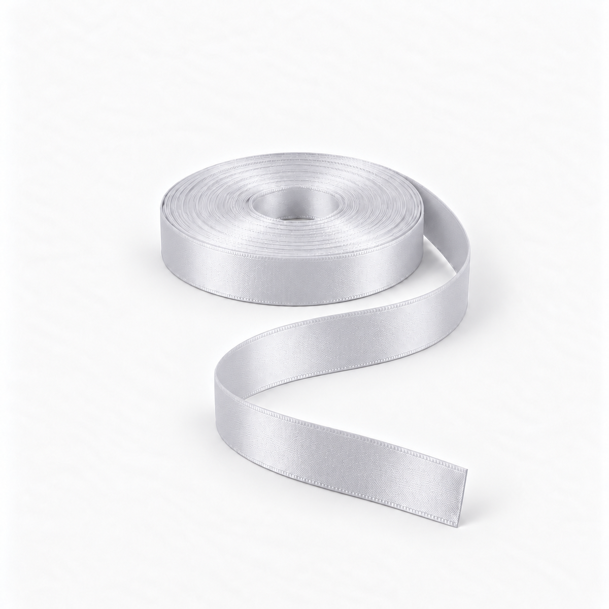 Satin Ribbon 15mm Light Grey #3107, flat coil with flowing S-shaped satin ribbon.