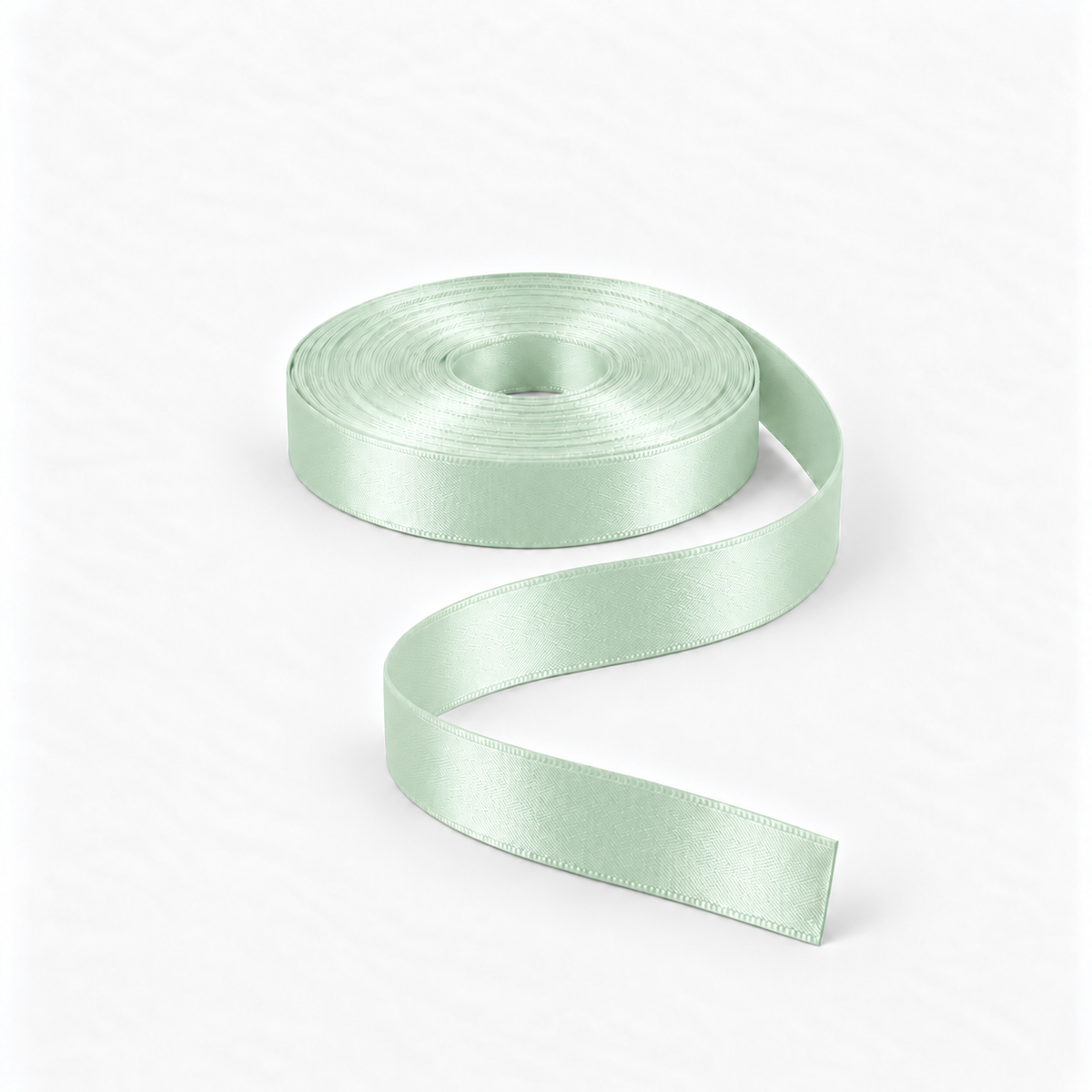 Satin Ribbon 15mm Mint #56, flat coil with flowing S-shaped satin ribbon.