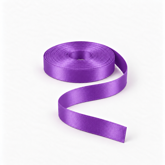 Satin Ribbon 15mm Purple #19, flat coil with flowing S-shaped satin ribbon.