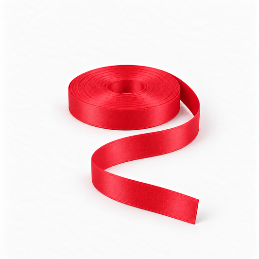 Satin Ribbon 15mm Red #15, flat coil with flowing S-shaped satin ribbon.