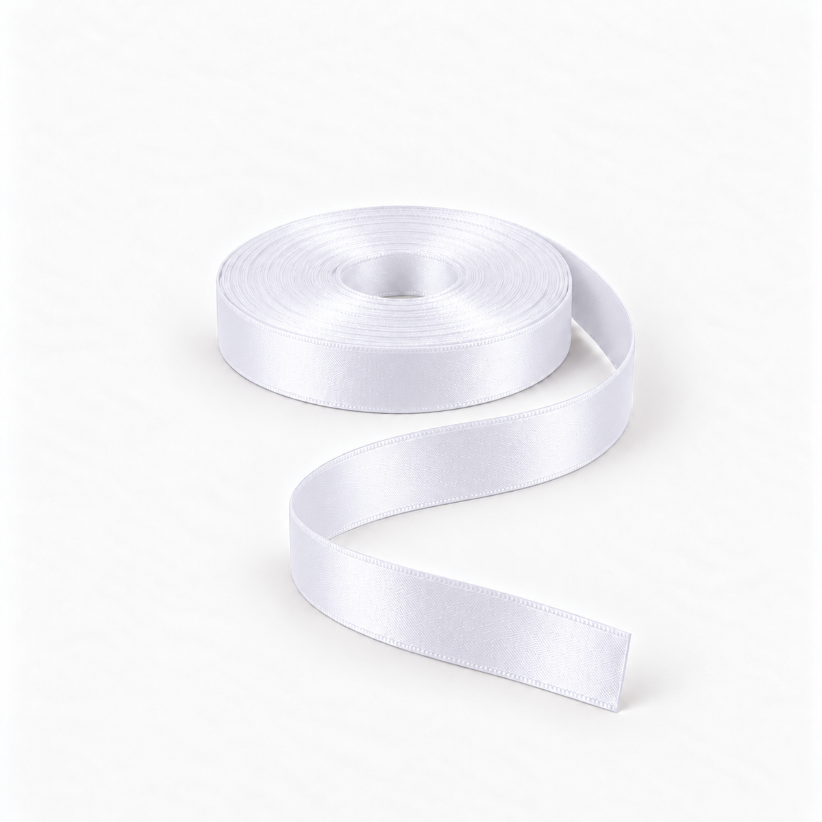 Satin Ribbon 15mm White #01, flat coil with flowing S-shaped satin ribbon.