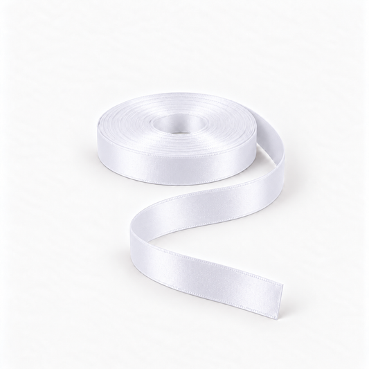 Satin Ribbon 15mm White #01, flat coil with flowing S-shaped satin ribbon.