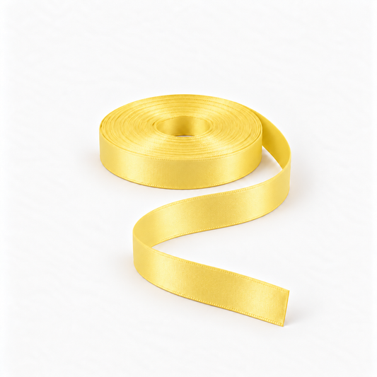 Satin Ribbon 15mm Yellow #270, flat coil with flowing S-shaped satin ribbon.