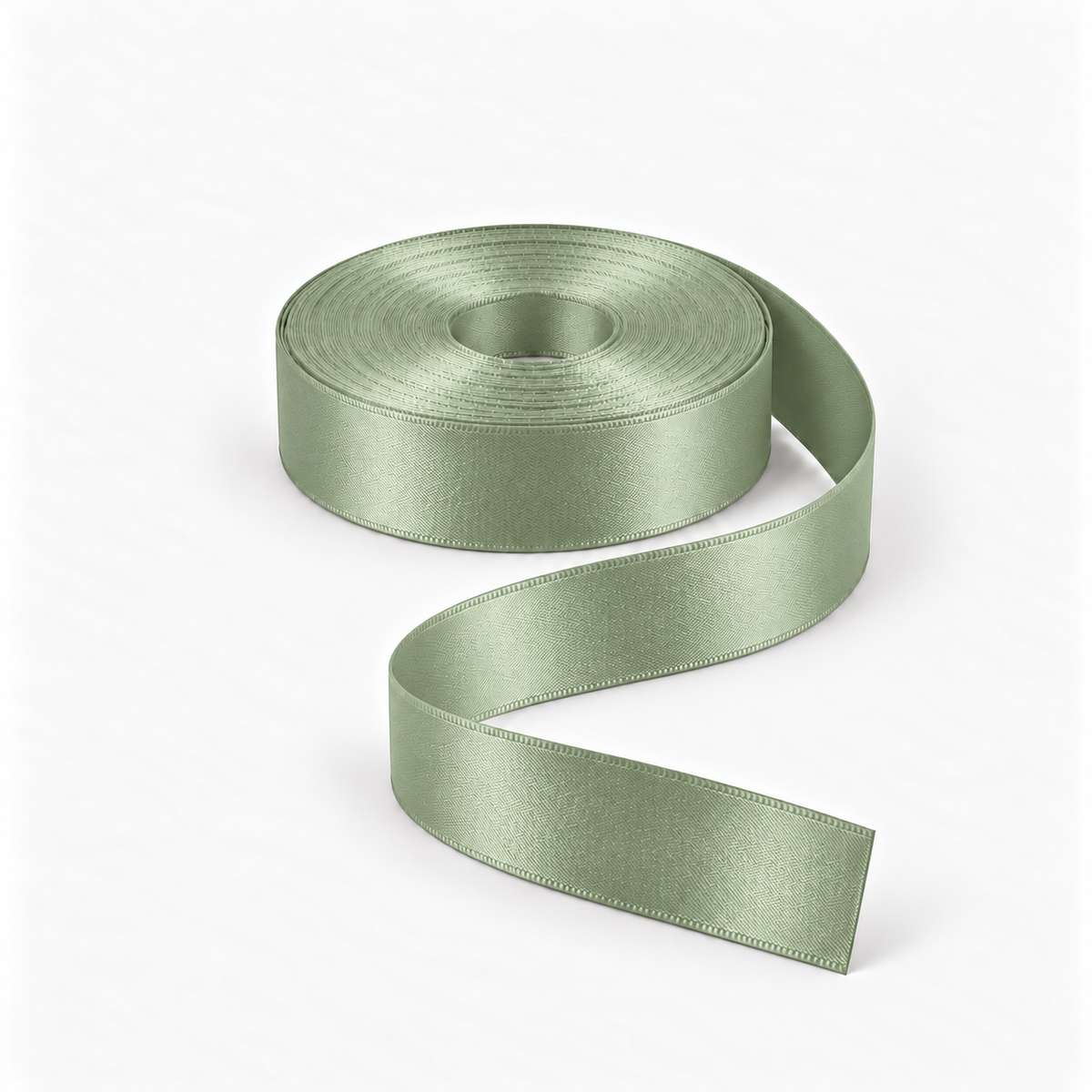 Satin Ribbon 25mm Avocado #80, flat coil with flowing S-shaped satin ribbon.