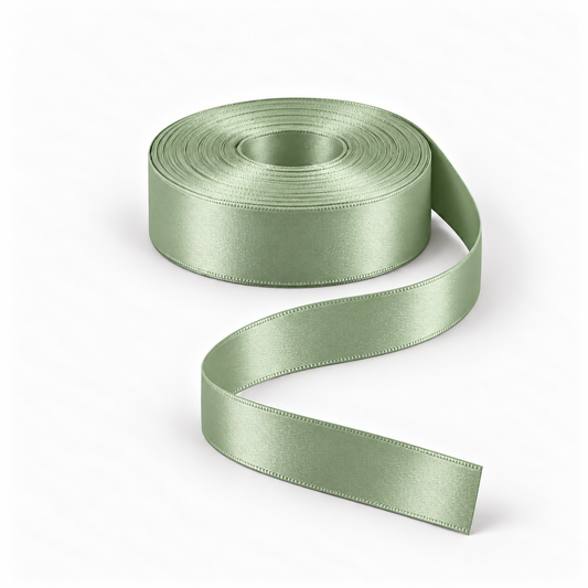 Ragland Fabrics satin ribbon 25mm, Avocado #80, broad ribbon roll and flowing ribbon on white.
