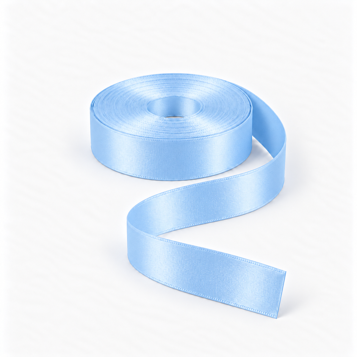 Satin Ribbon 25mm Sky Blue #76, flat coil with flowing S-shaped satin ribbon.