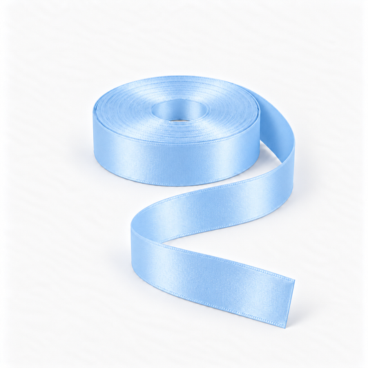 Satin Ribbon 25mm Sky Blue #76, flat coil with flowing S-shaped satin ribbon.