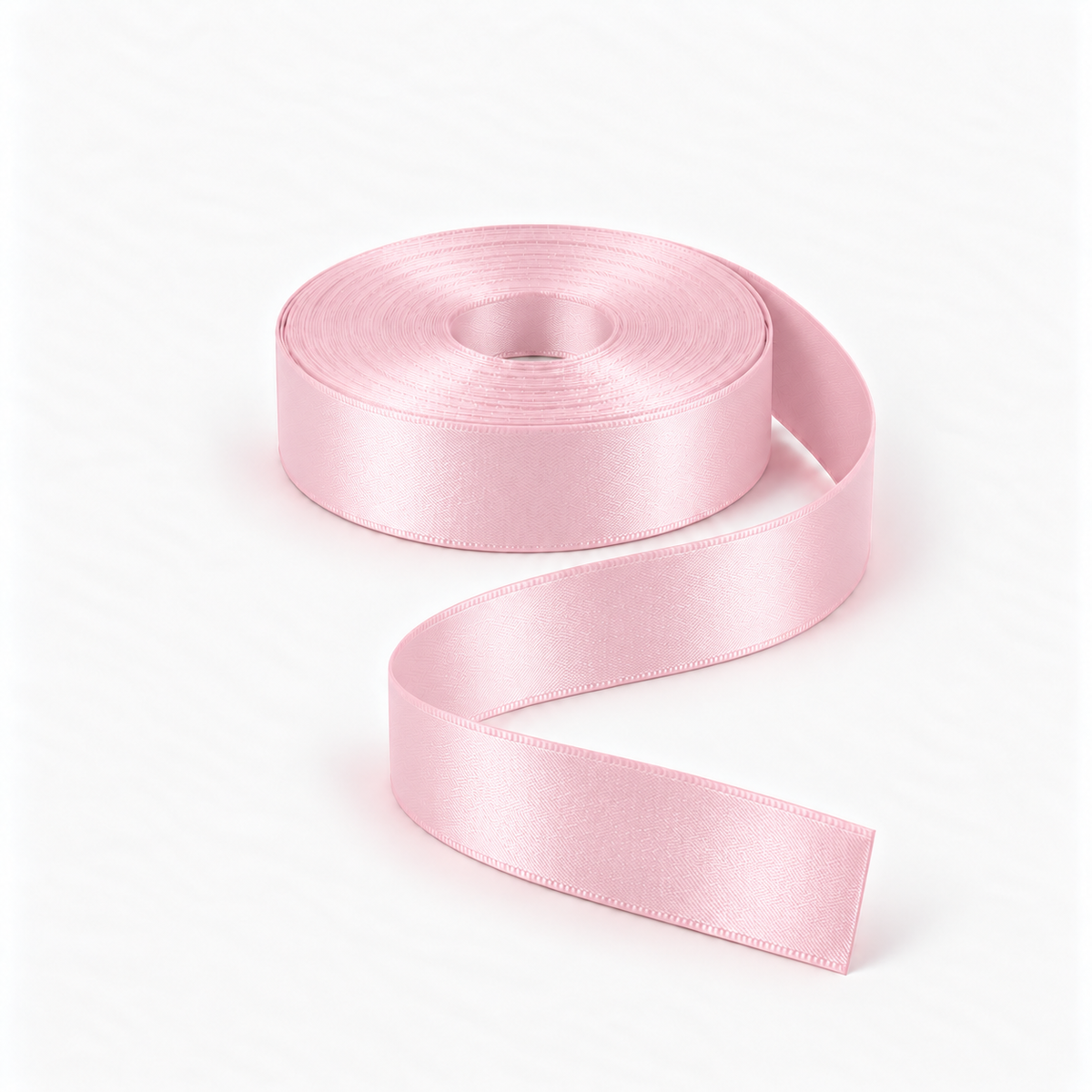 Satin Ribbon 25mm Baby Pink #340, flat coil with flowing S-shaped satin ribbon.