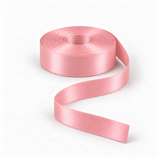 Ragland Fabrics satin ribbon 25mm, Baby Pink #340, broad ribbon roll and flowing ribbon on white.