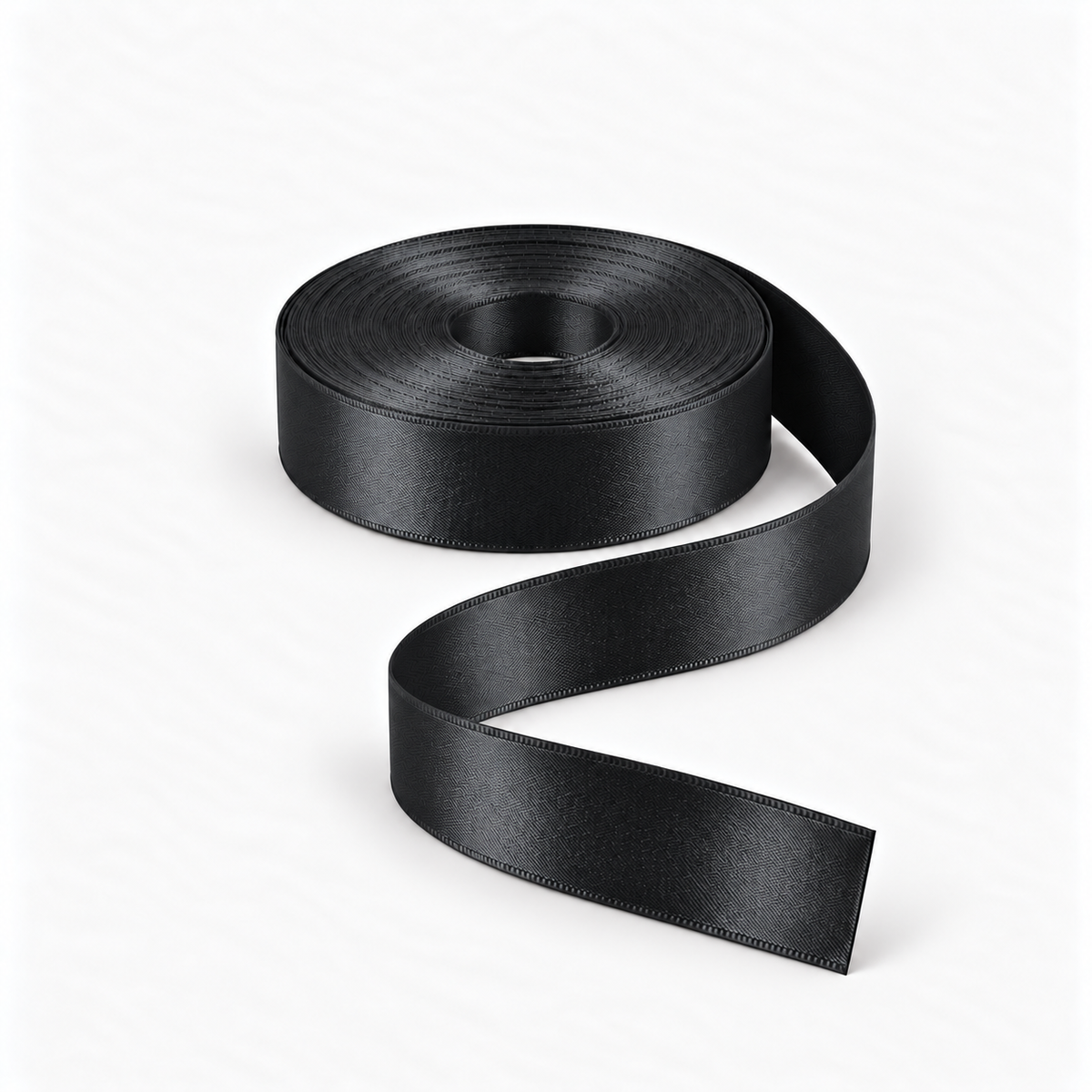 Satin Ribbon 25mm Black #10, flat coil with flowing S-shaped satin ribbon.